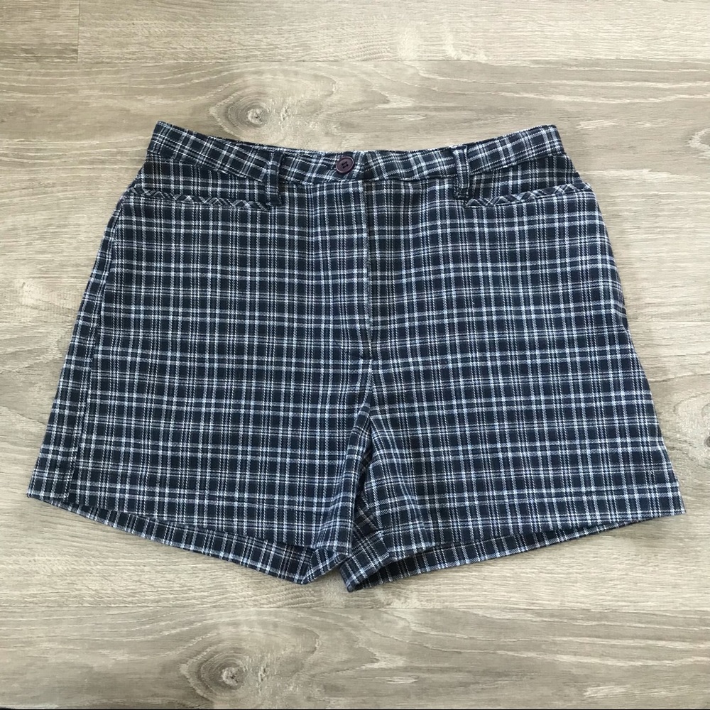Vintage 90s/Y2K Express Bleus Navy Plaid Shorts, High-Waisted, 3-Inch Inseam